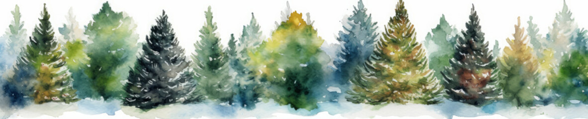 Fototapeta na wymiar Christmas trees border, watercolor style illustration , generative AI