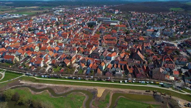 Aerial view around the old town of the city Gunzenhausen on an early spring day


