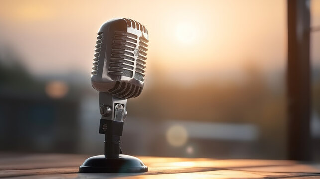 The microphone outdoor background for media or podcast concept 3d rendering. Generative Ai