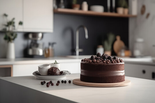 Chocolate cake on a table in a white kitchen, generative AI