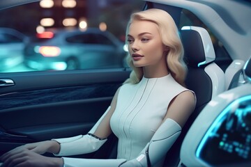 Fototapeta na wymiar A close - up shot of a woman sitting inside a cutting - edge autonomous vehicle. Generative AI