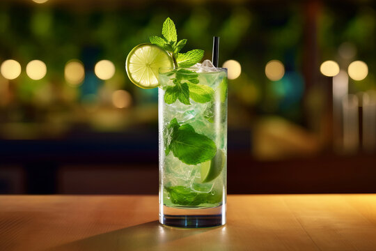 Classic mojito cocktail on a bar counter, generative AI