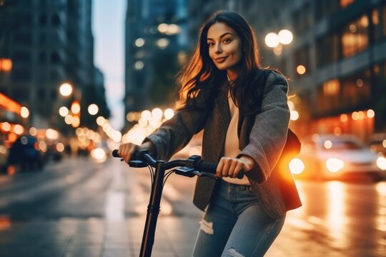 A close - up shot of a young and vibrant woman enjoying a ride on an electric scooter in the heart of the city. Generative AI