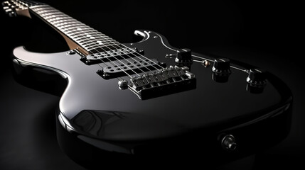 Fototapeta na wymiar Blue White Electric Guitar. Electric guitar close up with selective focus. Generative Ai