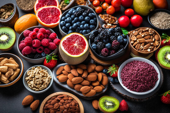 Selection of healthy food. Superfoods, various fruits and assorted berries, nuts and seeds. Generative AI