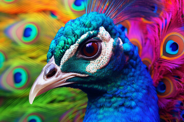 close up portrait of rainbow color peacock created with AI generative tools