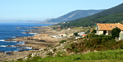 Fototapeta na wymiar Coastal landscape on the Portuguese Way of Saint James, along the coast in Galicia