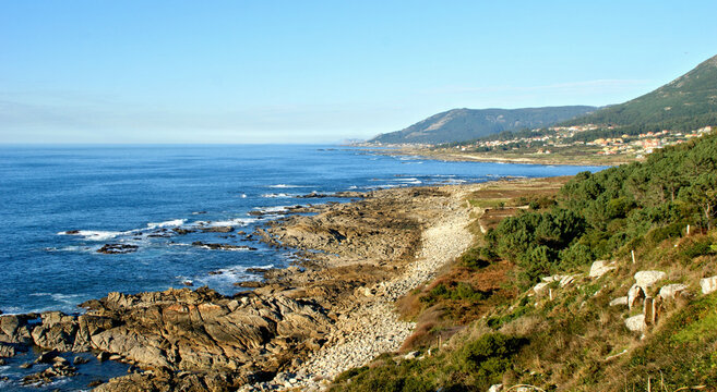 Coastal landscape on the Portuguese Way of Saint James, along the coast in Galicia