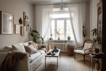 Soft and comfortable European style living room interior in white tones, closeup