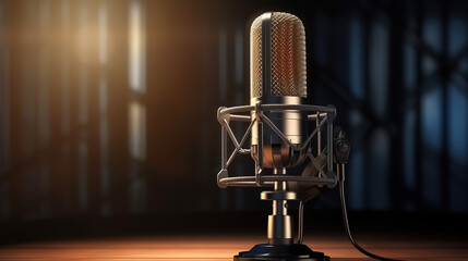 Retro microphone with radio waves on dark background. Generative Ai