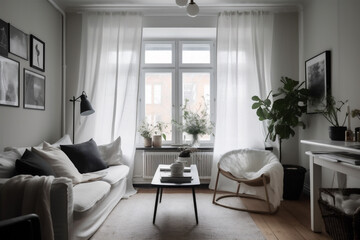 Fototapeta premium Soft and comfortable European style living room interior in white tones, closeup