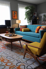 Living room interior in retro design with vibrant colors