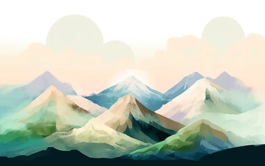 Illustration design of wild mountains landscape. Design for banner, flyer or card. Generative AI.