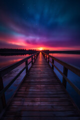 Obraz premium Closeup wooden plank road scene, beautiful view at evening twilight