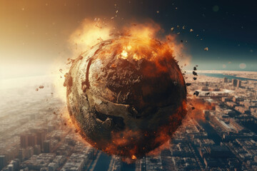 Explosion. Planet Earth is in Danger. Global warming. Apocalypse. Global environmental problem of pollution of the Earth.Generation AI