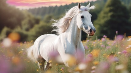 Obraz na płótnie Canvas A white horse standing in a field of flowers. Generative AI image.