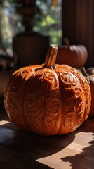 Close-up of a pumpkin with a carved pattern on Halloween

