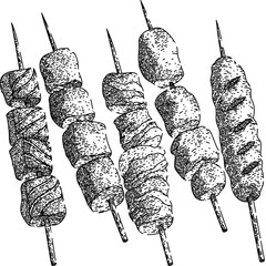 skewered food set hand drawn. meat meal, grill kebab, stick menu, cuisine grilled, traditional delicious skewered food vector sketch. isolated black illustration