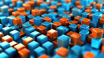Obraz premium Blue and orange cubes on a blue - microchip shaped background. Generative Ai