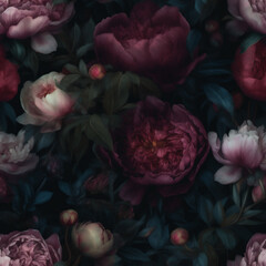 Close up on the dreamy and beautiful dark floral background, with an illustration style

