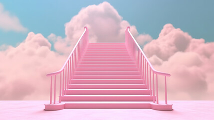 Abstract pastel pink color display Minimal background, Stair With Cloud on podium 3d rendering. Generative Ai