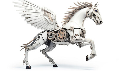 white pegasus-Cyborg figurine, biomechanical, white background, studio photo
