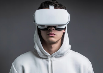 Portrait of a young man wearing virtual reality goggles, grey background. Future technology concept. created with generative AI technology.
