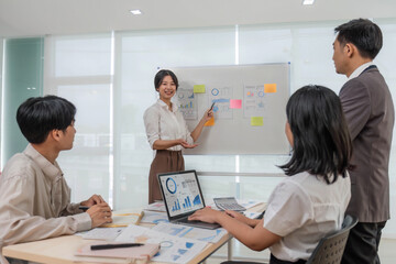 Fototapeta premium Group of creative asian business meeting and discussing strategy startup project analysis finance .Success asian business people work plan and brainstorm marketing idea with laptop in office.Teamwork