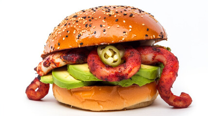 Octopus burger, avocado, lettuce, anchovies, lettuce, hamburger bun, on white background