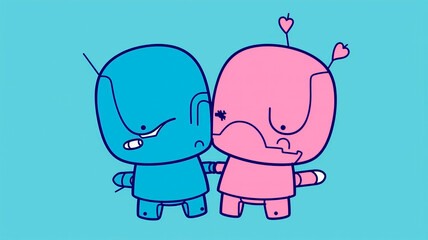 a simple drawing of two cute robots hugging each other

