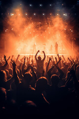 Crowd silhouettes cheering during a music concert - obrazy, fototapety, plakaty