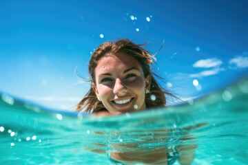 Obraz na płótnie Canvas A close - up shot of a woman in a bikini, enjoying a refreshing dip in the clear, turquoise waters of the beach. Generative AI