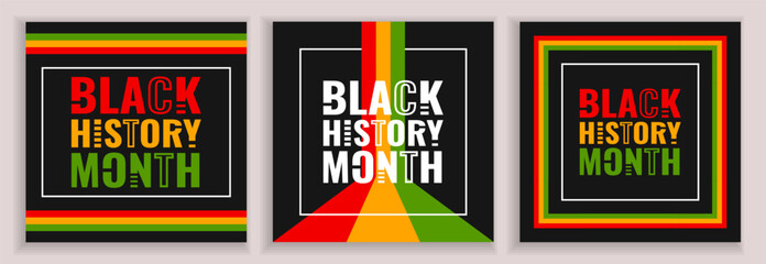 Black History Month square posters with line decoration, bright colors and text on a black background.