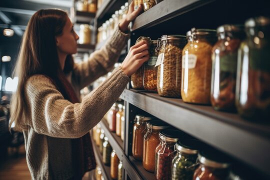 A Close - Up Shot Of A Woman In A Grocery Store, Reaching For An Item On A Shelf. Generative AI