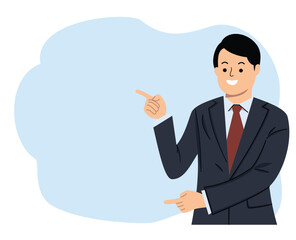 smiling businessman showing pointing finger to blank space