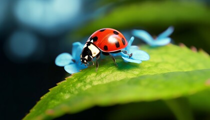 Fototapeta na wymiar Macro shots, Beautiful nature scene. Beautiful ladybug on leaf defocused background
