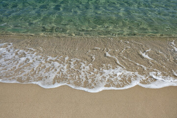 View of the beautiful turquoise sandy beach of Magganari in Ios Greece