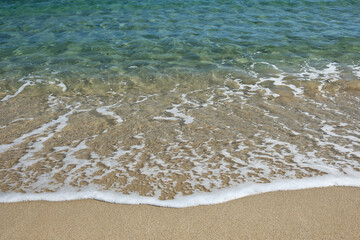 View of the beautiful turquoise sandy beach of Magganari in Ios Greece