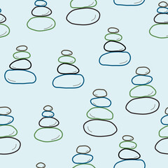 Stone balance zen seamless pattern. Spa, massage design. Harmony relax concept. Vector doodle pattern.