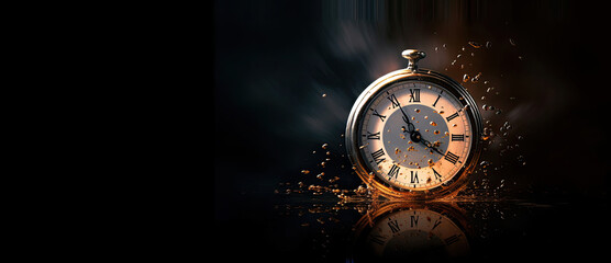 An old pocket watch with floating particles symbolizing the passing of time against a black background. Time and countdown concept banner. - obrazy, fototapety, plakaty