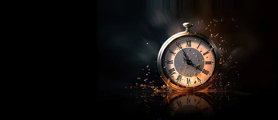 Foto op Plexiglas An old pocket watch with floating particles symbolizing the passing of time against a black background. Time and countdown concept banner. © Mirador