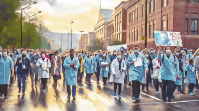 Doctors NHS strike watercolor style created with generative AI technology