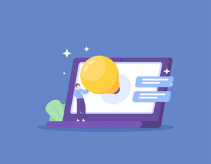 Ideas and solutions. creative worker. discuss to get the best results. man with light bulb and laptop. innovation, knowledge, insight, discussion forum. illustration concept design. vector elements.
