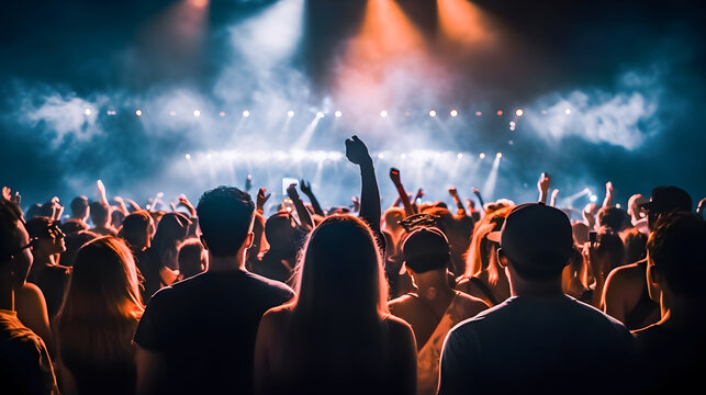 Many people in the public raising their hands and recording with their cell phones at a concert or party. Concept of party and people having a good time. Generative ai.