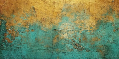 Teal and Gold Grunge Realistic Abstract Backdrop Textured Painted Brush Strokes - Background. Digital Art 3D Illustration. Generative AI.
