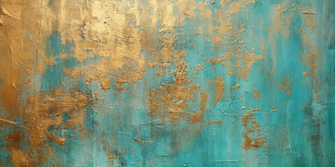 Teal and Gold Grunge Realistic Abstract Backdrop Textured Painted Brush Strokes - Background. Digital Art 3D Illustration. Generative AI.
