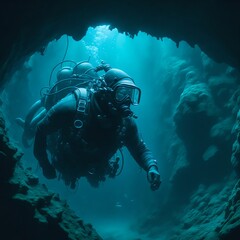 Naklejka na ściany i meble Scuba deep sea diver swimming in a deep ocean cavern . Underwater exploration. Into the abyss. generative by AI