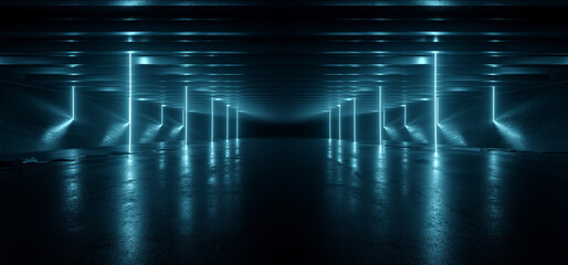 Sci Fi Futuristic Neon Laser Electric Cyber Glowing Bunker Blue Lights Stage Garage Hangar Hallway Corridor Tunnel Cement Concrete Grunge Basement Club 3D Rendering