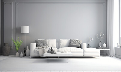 interior modern living room wall mockup with white fabric sofa and white table with grey wall background for mock ups.
