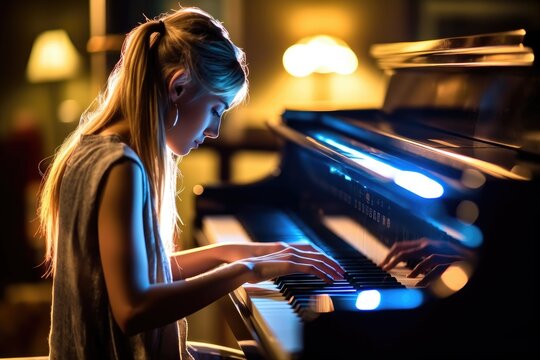 A close - up shot of a woman playing the piano in a dimly lit music studio. Generative AI